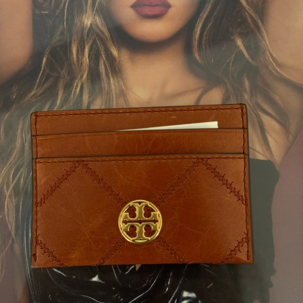 Tory Burch Tan Leather Card Case with Gold Emblem
